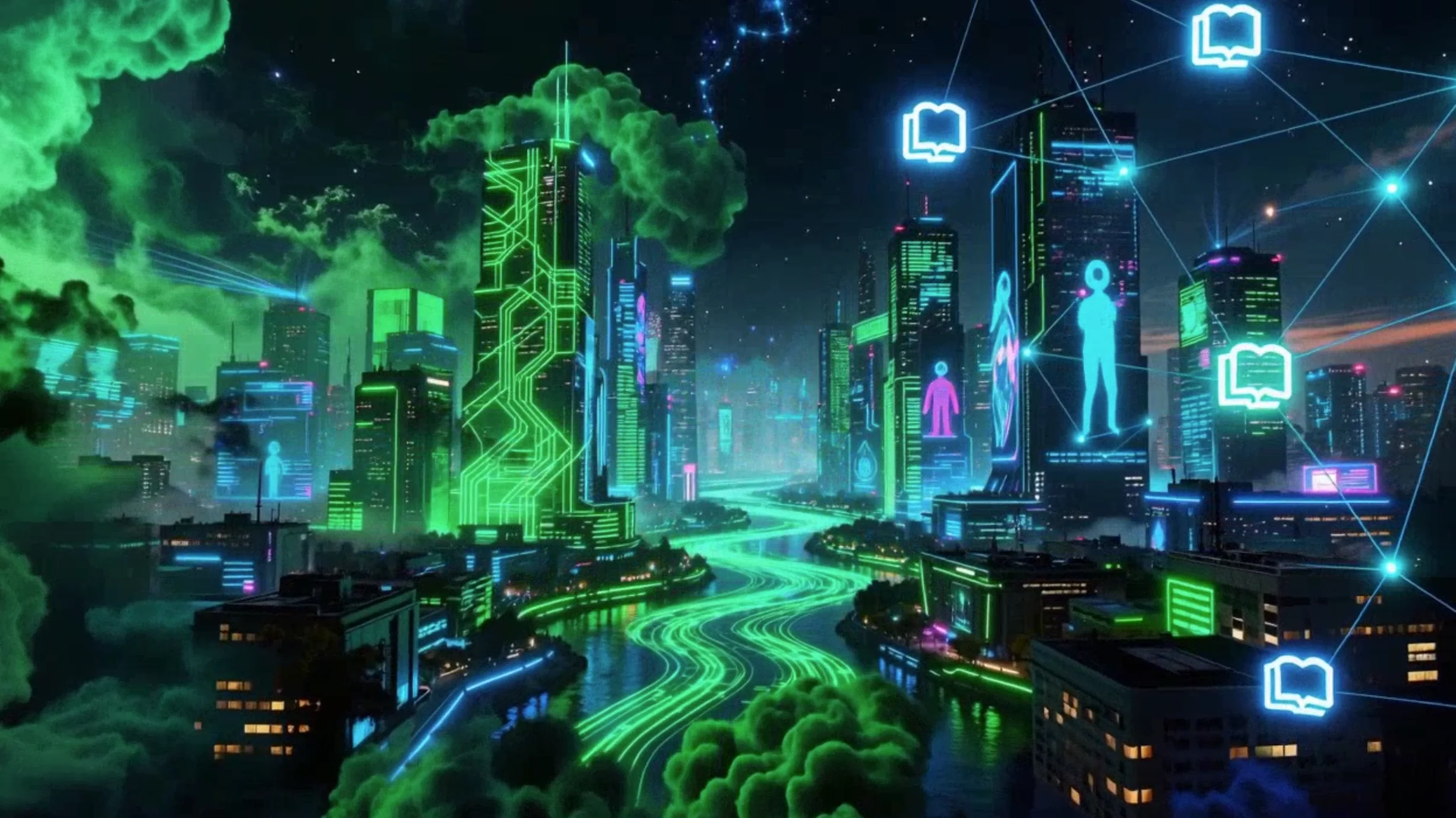 Cyberpunk City with River